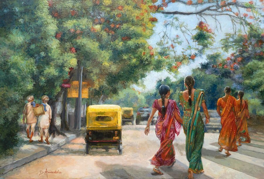 India Street Scene in Flowery Bangalore #2 by Dominique Amendola buff.ly/3cyR2DO
Ladies in colorful saris are crossing the street in Bangalore, South India. The trees are full of reddish flowers and extend across the street. Some typical yellow rickshaws are visible.