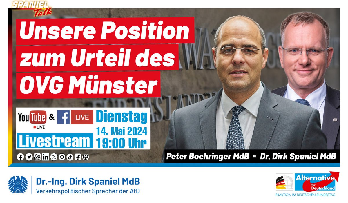 DirkSpaniel's tweet photo. SPANIEL Talk - 
Unsere Position zum Urteil des OVG Münster

Heute urteilte das Oberverwaltungsgericht Münster, dass der Inlandsgeheimdienst (Verfassungsschutz) unsere AfD als rechtsextremen Verdachtsfall führen und somit auch mit nachrichtdienstlichen Mitteln beobachten darf.
Das Urteil ist noch nicht rechtskräftig, allerdings lässt das OVG Münster keine Revision zu.

Unsere Position zu diesem Urteil und welche möglichen juristischen Schritte wir nun einleiten wollen, darüber spreche ich morgen LIVE ab 19 Uhr  (Facebook, YouTube) mit meinem Fraktionskollegen Peter Boehringer MdB.

Dr. Dirk Spaniel MdB
AfD-Bundestagsfraktion
Alternative für Deutschland https://t.co/kyQeYGnkxx
