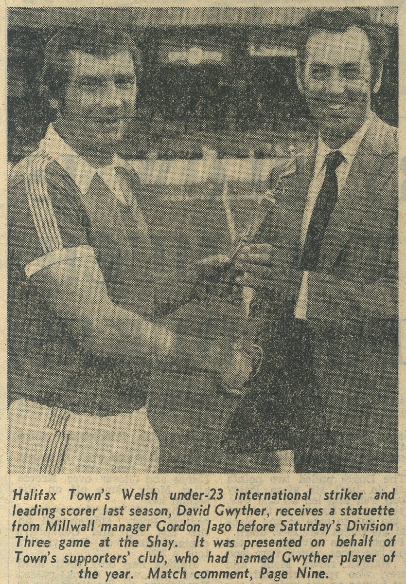 Halifax Town Player of the Year 1974/75 Dave Gwyther receives the award from visiting manager Gordon Jago of Millwall. Photo courtesy Halifax Courier.