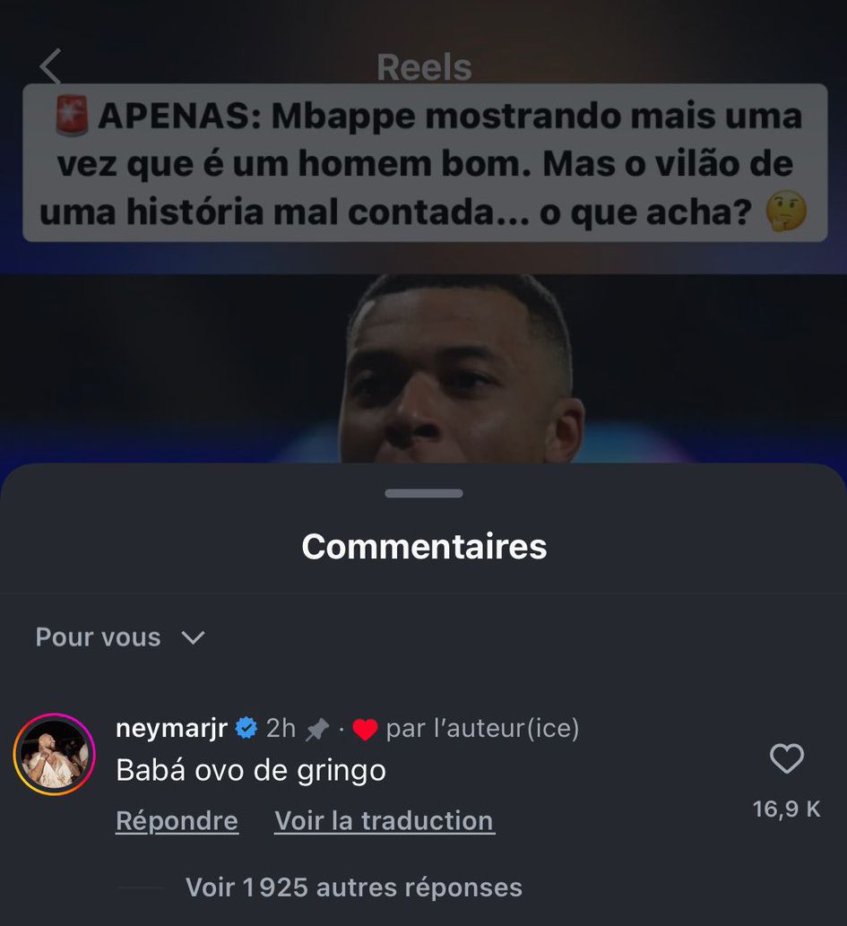 🚨🚨🚨 Neymar sous une publication Instagram qui rend hommage à Kylian Mbappé pour son départ du PSG : 

« Ce c*nnard n’est pas une légende » 😳

J’ai bien l’impression qu’il a raison..