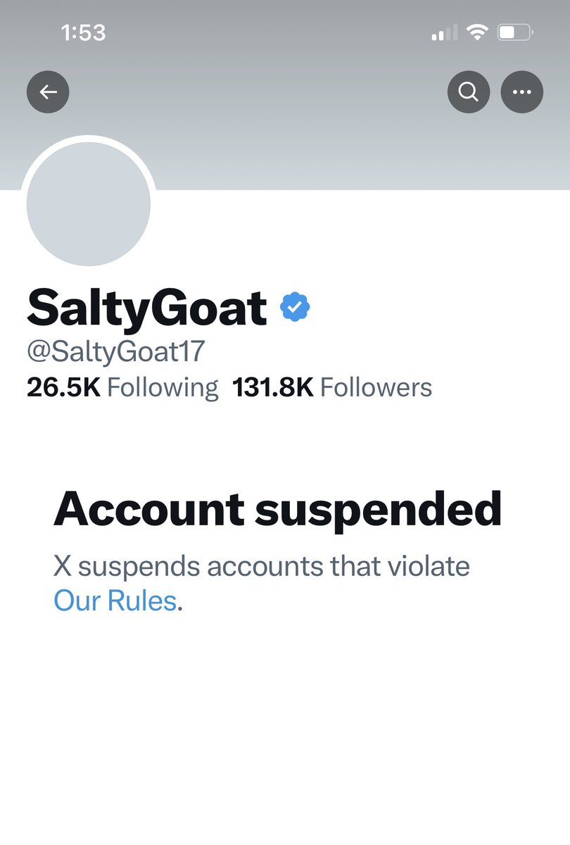 Hey all … Salty has been suspended and we have no idea why.  

This is not supposed to happen anymore.  I am 100% positive Salty did not break the law.  

I’m going to tag X and Elon in the comments, if you all would too, that would be great. 

PLEASE REPOST AND TAG ELON.