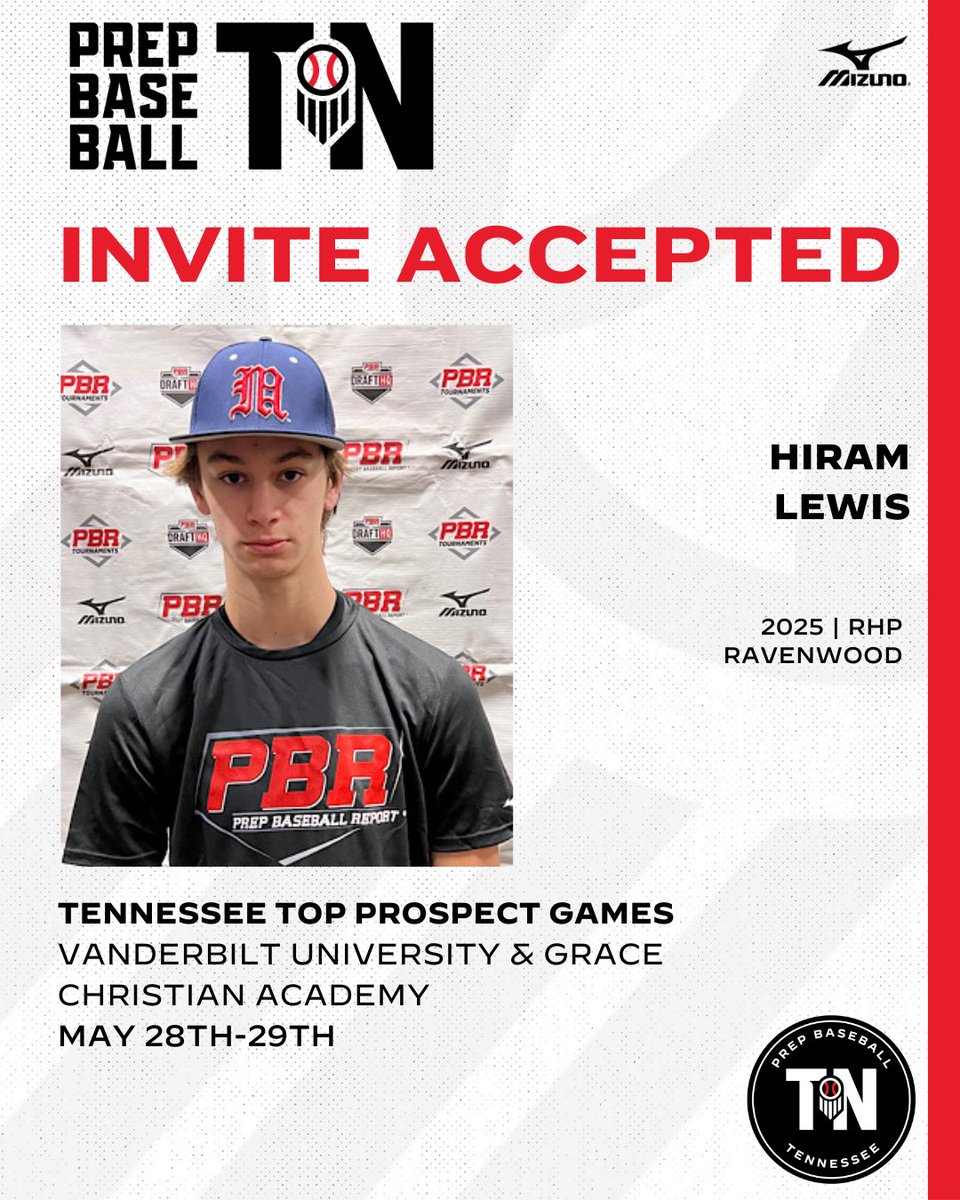#TNTPG24: 𝗜𝗡𝗩𝗜𝗧𝗘 𝗔𝗖𝗖𝗘𝗣𝗧𝗘𝗗 ✅ + '25 RHP Hiram Lewis (@WCSRHSBaseball) has punched his 🎟️ to the TN Top Prospect Games on May 28th-29th at @VandyBoys & @GCALionsSports. Request your invite. ⤵️ 🔗: loom.ly/HMqW_Sg // @H_Lewis543