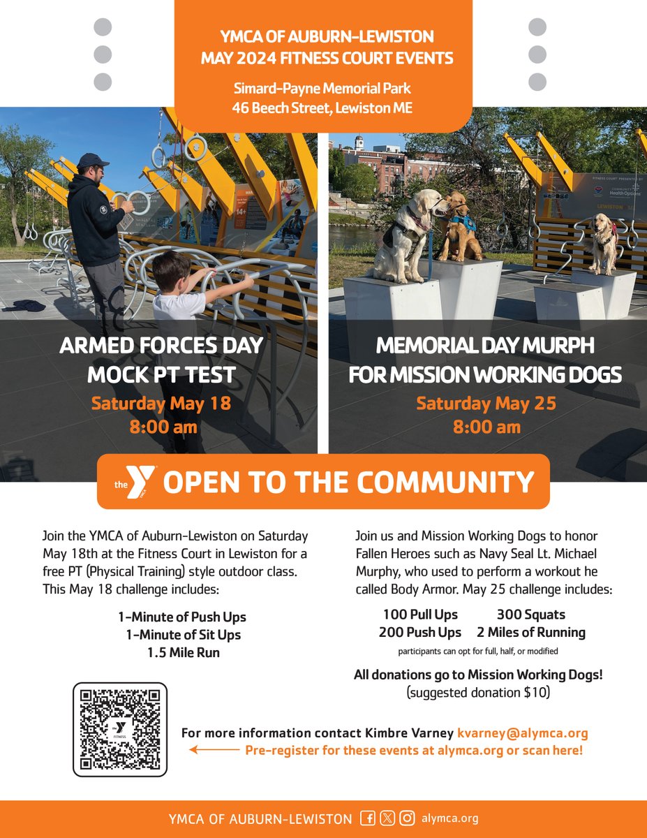 🌳 May 2024 public events happening at the Outdoor Fitness Court (46 Beech Street, Lewiston). Pre-register at bit.ly/alymcafitness #auburnmaine #lewistonmaine #mainefitness #ymca