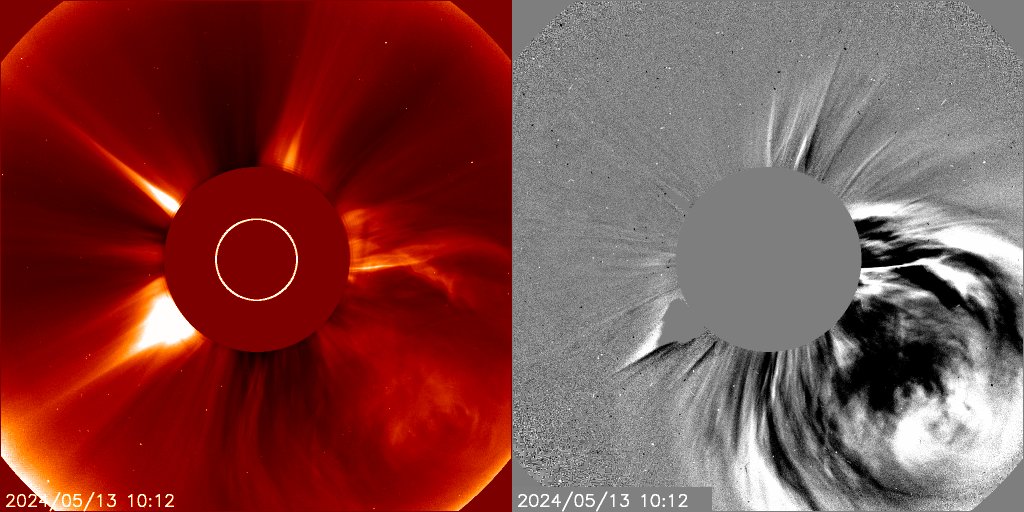 Asymmetric HALO CME (Alert from NASA): SOHO/LASCO HAO CME May 13, 2024 at 08:48 UT. Velocity about 1770 km/s, accelerating at 20 m/s^2. AIA 193 and NOAA GOES shows a LDE (long duration event) M6.6 X-ray flare from AR13664 in the SW at 08:51 - 11:03 UT. Another CME coming our way?