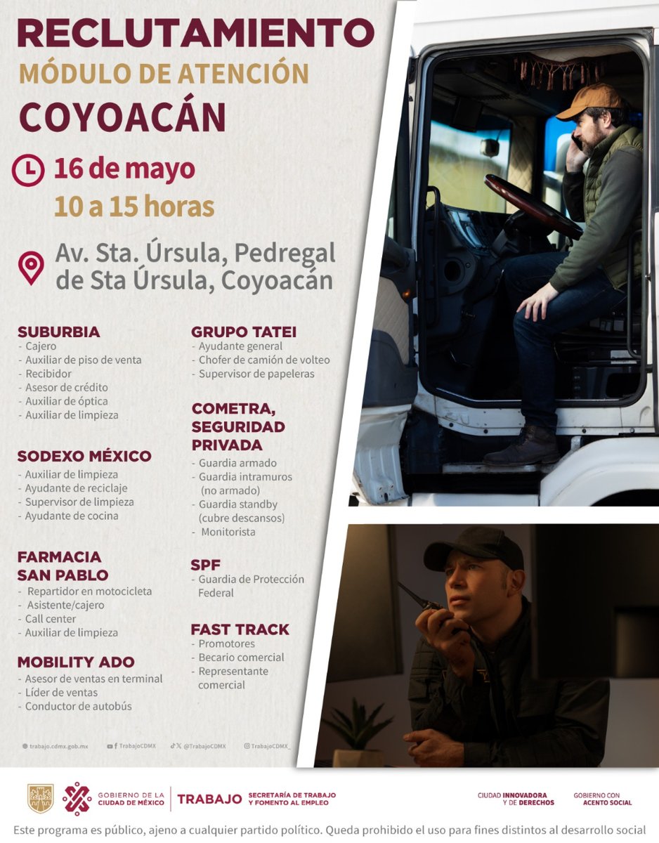 Si buscas empleo en alcaldía #Coyoacán, tendremos reclutamiento presencial el día 16 de mayo de 10 a 15 horas, en Av. Sta. Úrsula, Pedregal de Sta. Úrsula, Coyoacán. 

¡Tendremos 8 empresas con diversas vacantes para ti! 

#TrabajoEnLaCiudad @TrabajoCDMX