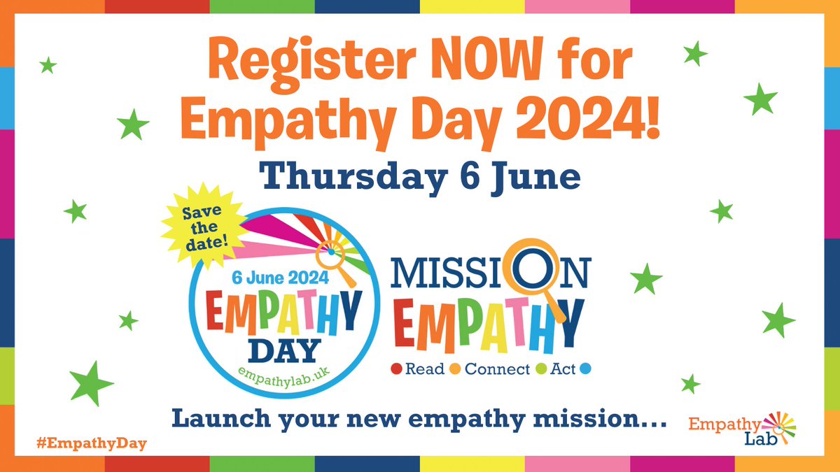 Empathy Day is only a few weeks away! Schools and libraries can register now - the line-up of confirmed authors is amazing: @MichaelRosenYes, @LauraHAllain, @jeffreykboakye, @HGold_author, @MrEagletonIan and many more. More info about how to take part: empathylab.uk/empathy-day