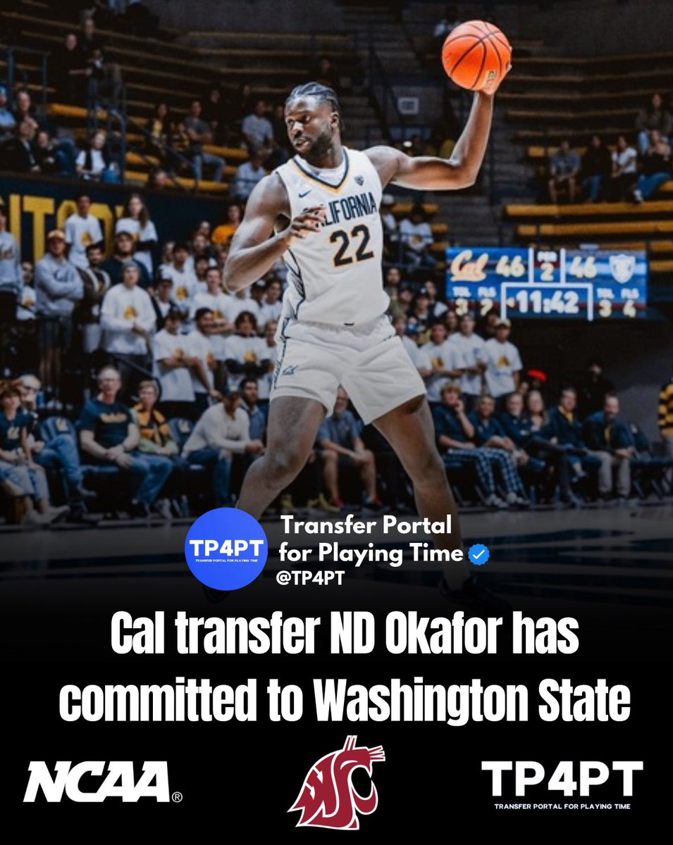 TP Commit: Cal transfer ND Okafor has committed to Washington State, he tells @TP4PT. The 6’9” 235 pound forward appeared in 39 games for the Golden Bears spanning over two seasons. #TP4PT #TransferPortal