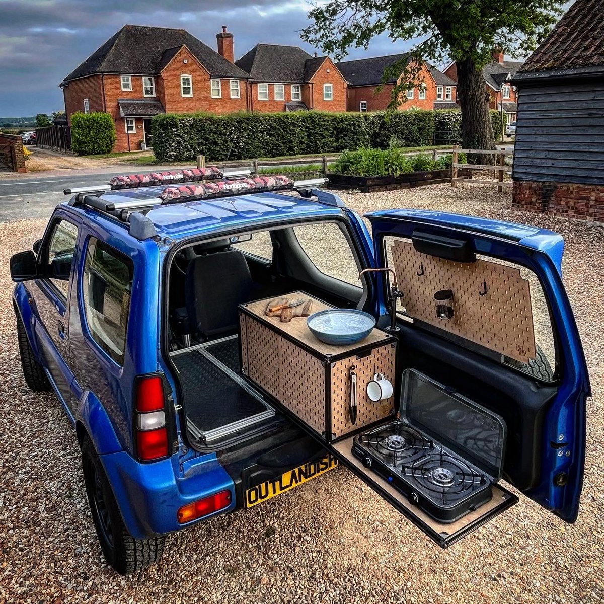 The @outlandishcamp overlander is nearly ready for adventures 🤙🏼 Just needs some of the metal underneath reattached to itself #camper #campervan #microcamper #camperconversion #rooftent #vanlife #adventure #jimnycamper #4x4 #4x4camper #offroadcamper #cadac #jimny #suzukijimny