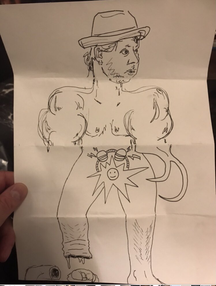 That time people were playing that exquisite corpse drawing game at the @GoshComics and @brokenfrontier Drink and Draw and this one started with a very good likeness of my head and, surprisingly, got ever more accurate the further down it went. #GoshBFDD
