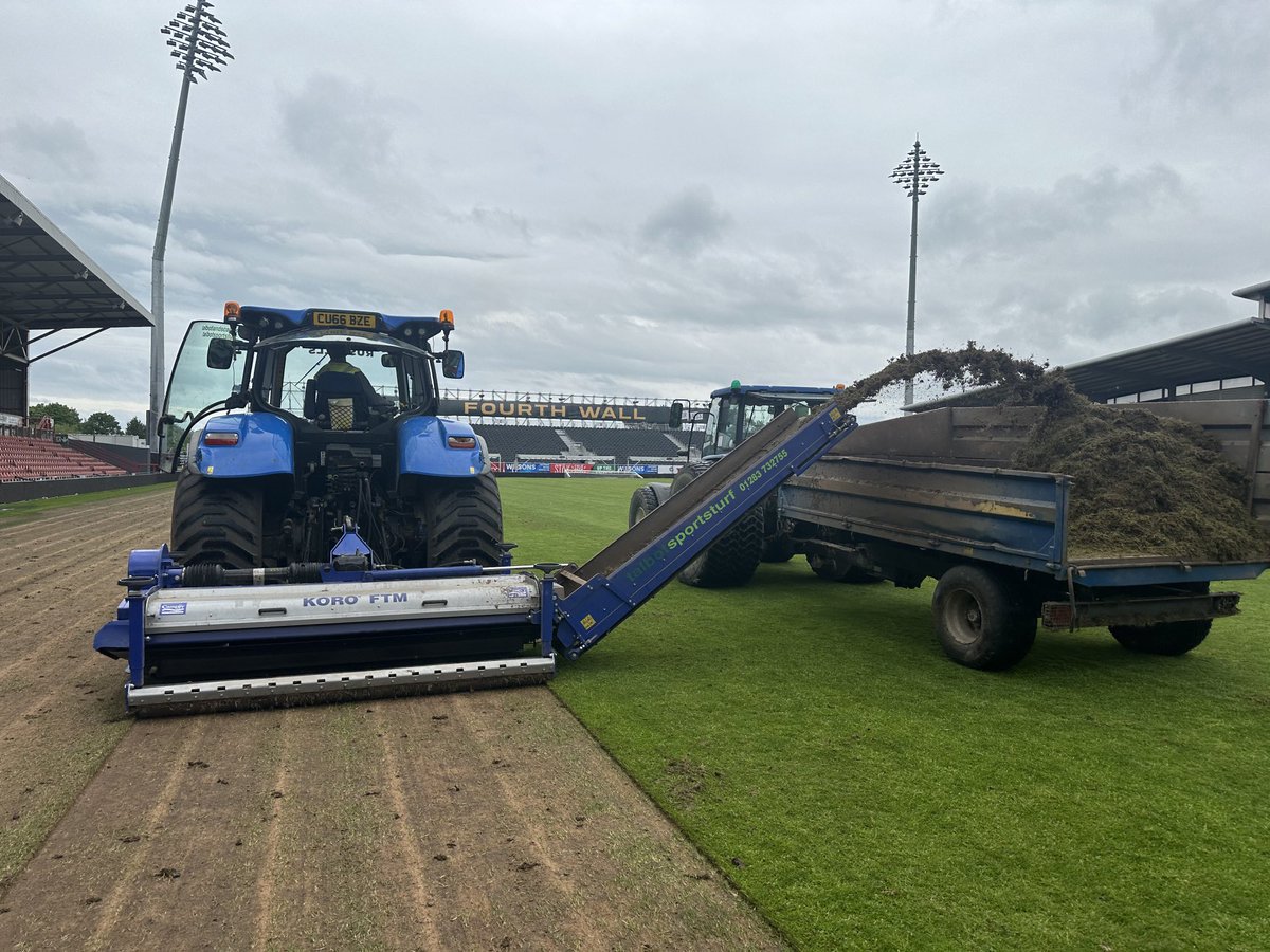 Renovations are a go at Wrexham by ⁦@seangoodwin19⁩. Entering into the fourth season of the poa pratensis turf. Great to catch up with ⁦@paulchal⁩ who has skillfully delivered the pitch for another year!