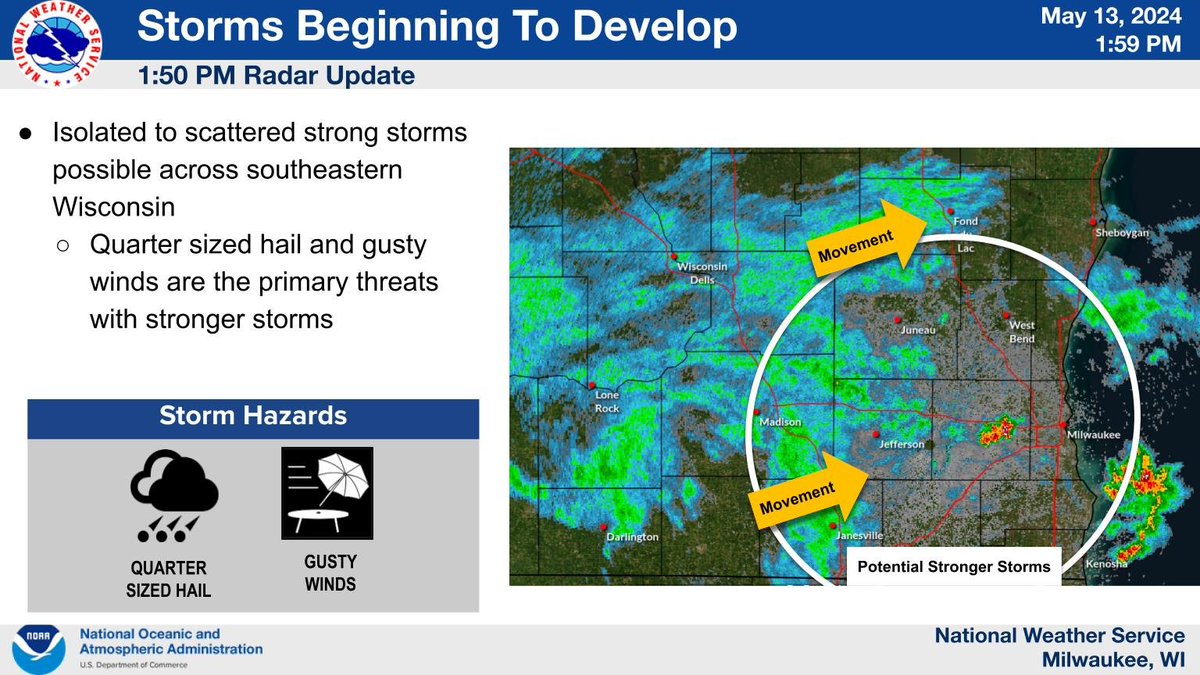 Storms are beginning to develop across southeastern Wisconsin this afternoon with quarter sized hail and gusty winds being the primary threats. Isolated to scattered coverage is expected. #wiwx