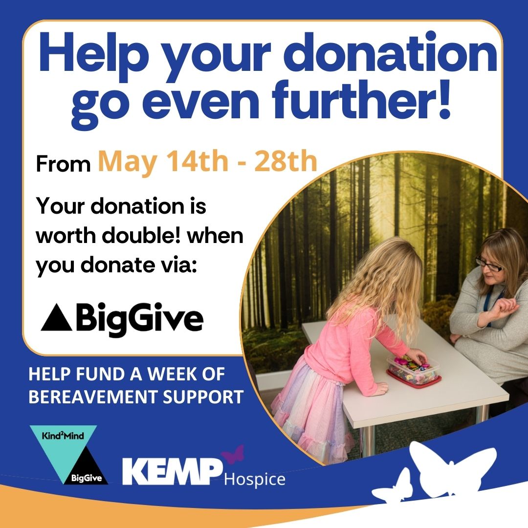 Today is the day!! 🦋🧡

Until 28th May, every donation to KEMP via Big Give will be worth DOUBLE to KEMP Hospice at no extra cost to you! 

Donate online:  donate.biggive.org/campaign/a0569…

Only donations made via the Big Give website are eligible for match funding. 

#worcestershirehour