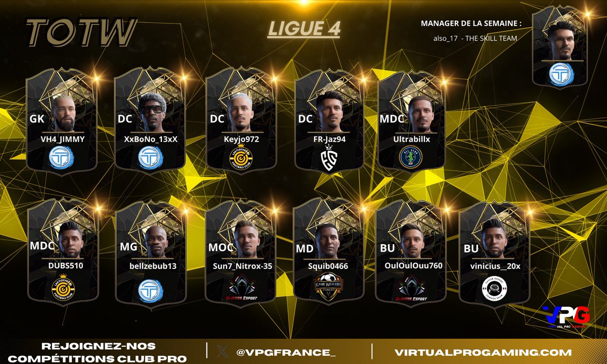 VPGFrance_'s tweet photo. 🏆 VPG FRANCE 
👥 TOTW 
📊 CLASSEMENT 
📅 SEMAINE 5
⚔️ LIGUE 4

FÉLICITATIONS AUX 11 NOMINÉS POUR  CETTE TOTW ✍🏻 https://t.co/DvkLL5HCOa