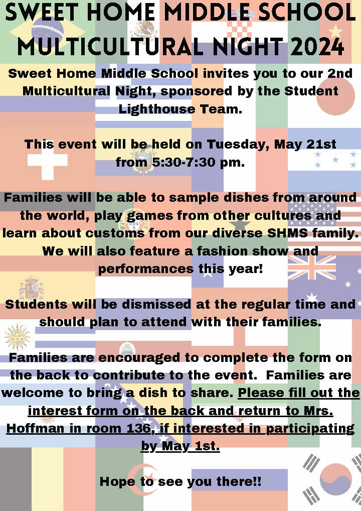 We can't wait to see you at our Middle School Multicultural Night! All are welcome. #WeAreSweetHome #SPgoal3