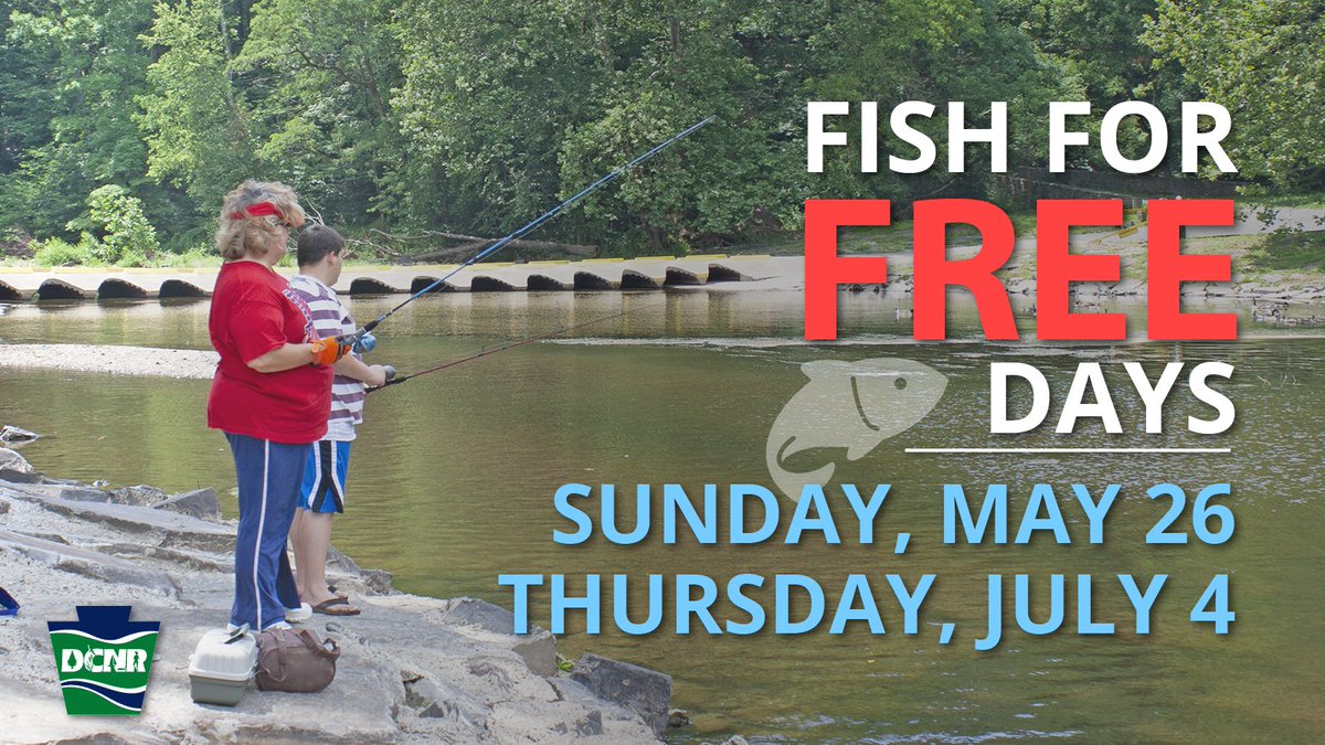 The first Fish-for-Free Day in PA for 2024 will be Sunday, May 26. Fish-for-Free Days allow anyone to legally fish on PA waterways with no fishing license required. All other fishing regulations still apply. More info ➡️ bit.ly/3MqaOVz. #PaStateParks #PaStateForests