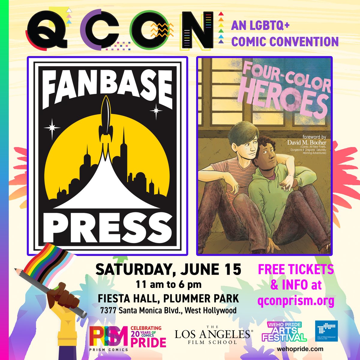 QConPrism's tweet photo. @Fanbase_Press brings you great comics and great comics journalism, and they will be at @QConPrism 2024! See them and more Saturday, June 15 at #FiestaHall in #PlummerPark in #WestHollywood! Q Con is Southern California's all #lgbtqcomics convention! FREE ADMISSION! https://t.co/6aZ5yGF802
