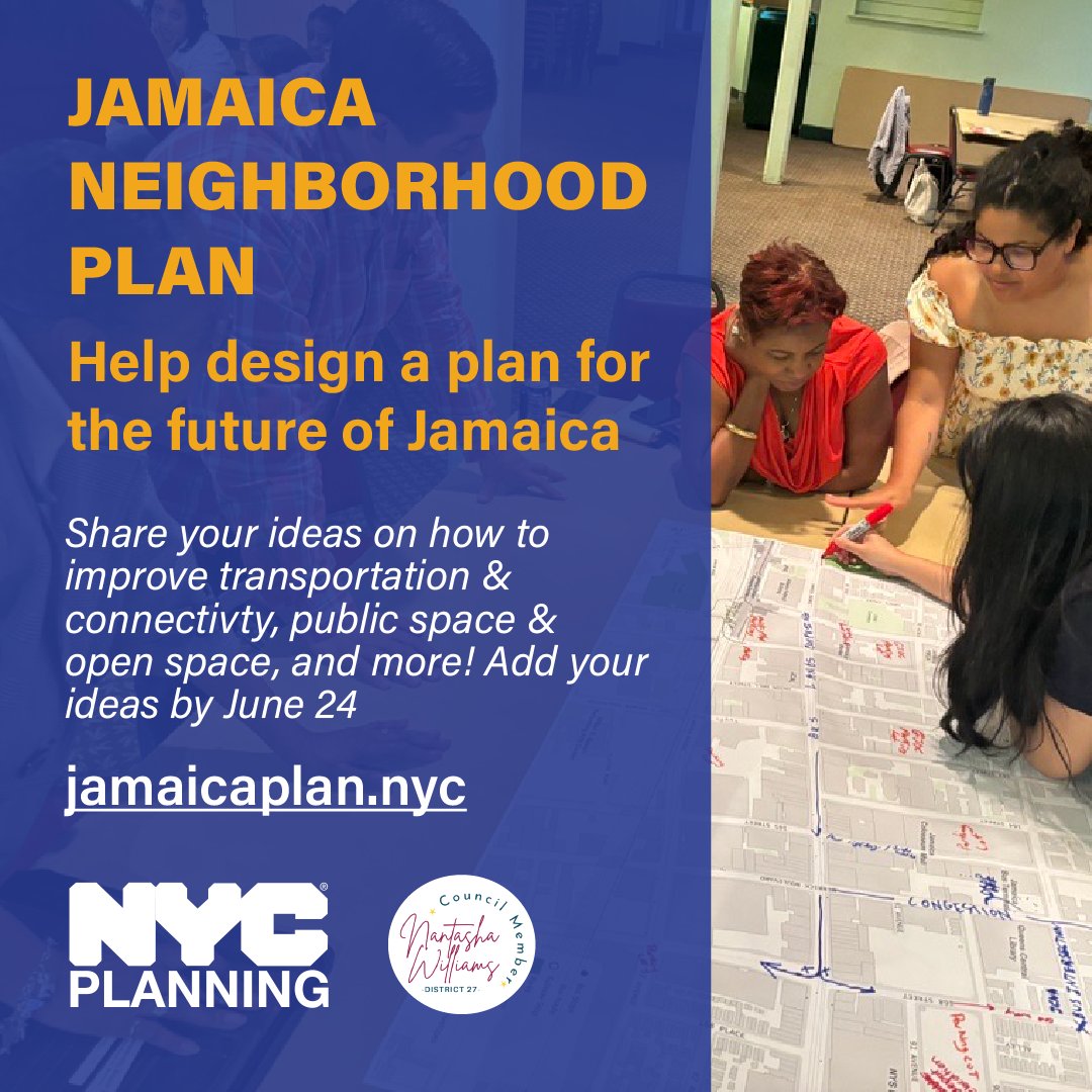 Calling all #SoutheastQueens residents! @NYCPlanning wants to hear from YOU about the Jamaica Neighborhood Plan. Use their digital mapping tool to share your ideas on how to improve transportation, public spaces, and more! Add your ideas by June 24. jamaicaplan.nyc