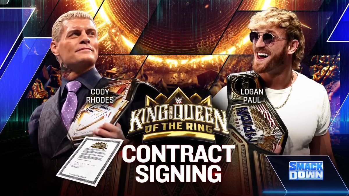 THIS FRIDAY on #SmackDown 

WWE Undisputed Champion @CodyRhodes & @LoganPaul sign their #WWEKingAndQueen contract!

📍 JACKSONVILLE
🎟️ ticketmaster.com/event/22006039…