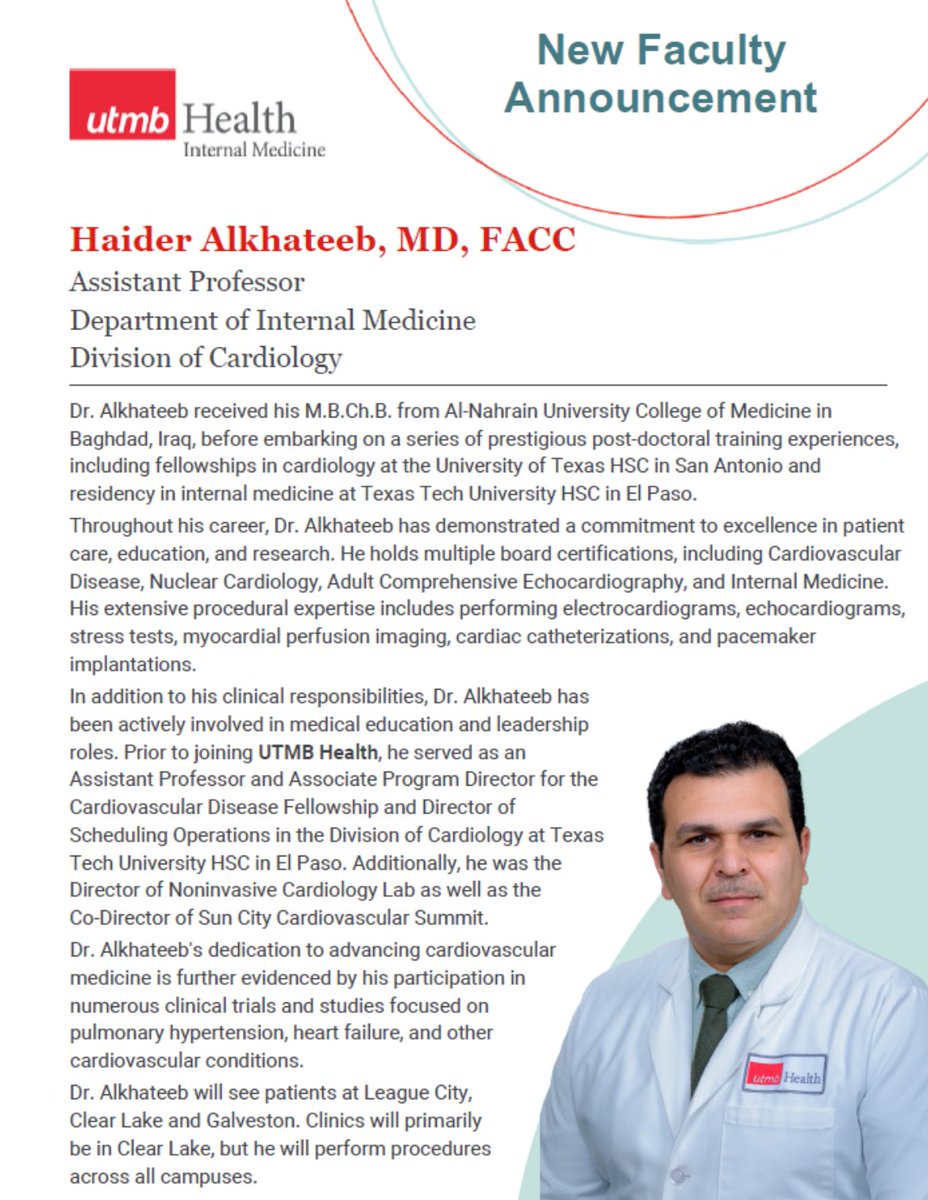 We are excited to announce this new addition to the UTMB Cardiology Family! Looking forward to working with you, Dr. Alkhateeb! ♥️ #CardioTwitter #CardioX @utsystem @txchapteracc @docHJ @utmbhealth