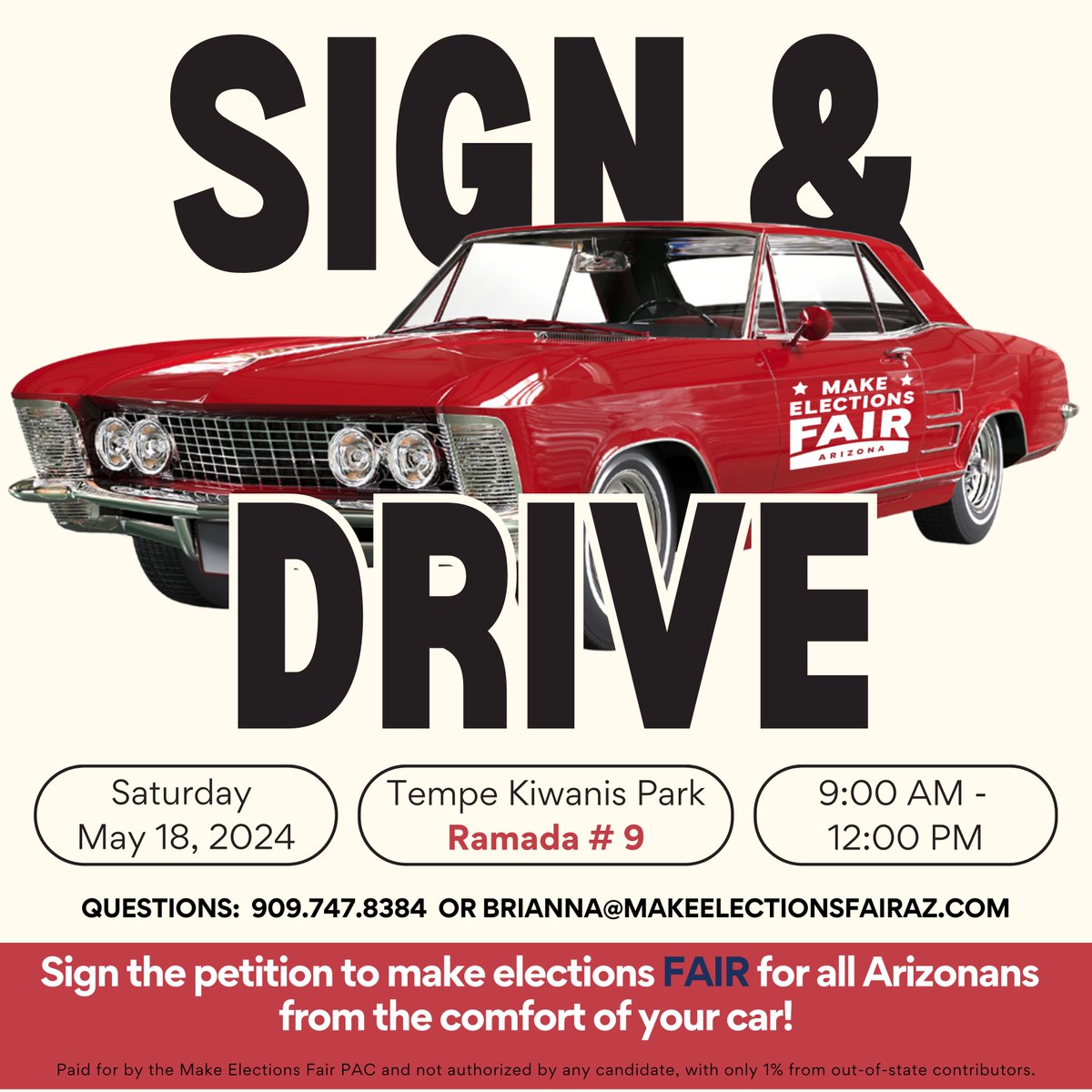 🚗 🖊️THIS WEEKEND Sign the petition to make elections FAIR for all Arizonans from the comfort of your car! Volunteers will be at Kiwanis Park Tempe in Ramada #9! ☎️Call, text or email with questions: 909.747.8384 or brianna@makeelectionsfairaz.com 🖱️More event info: