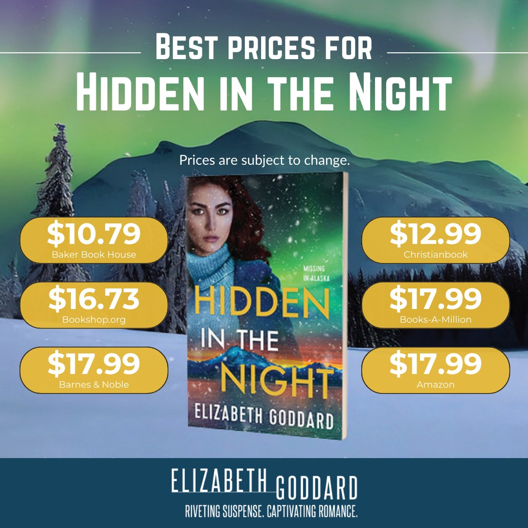 Visit missinginalaskaseries.com to see a list of retailers. 
#Hiddeninthenight #MissinginAlaskaseries #ElizabethGoddardbooks #Christianromance #Christiansuspense #romanticsuspense #amreadingsuspenseromance