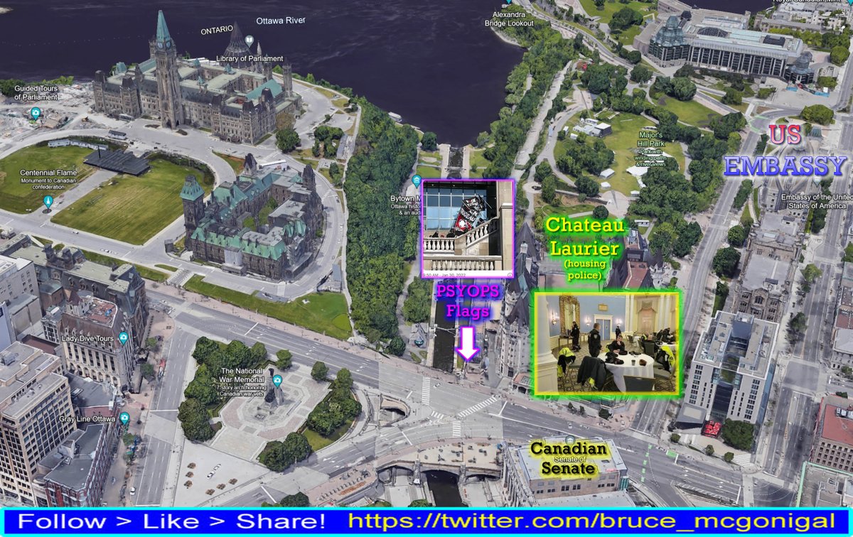 This is a Google Earth view of the wider area in Ottawa around the Chateau Laurier. I added a few places of note with a glow around them.

To say this would have been a zone under intense surveillance during the #FreedomConvoy2022 , would be an understatement.