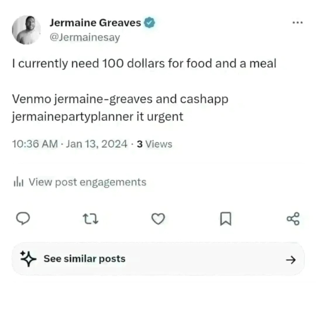 anyone could spare a  $300 for me to get some food and groceries it urgent 

ca: jermainepartyplanner 
v+pp: jermaine-greaves
paypal.me/jermainegreaves share and donate
Boost And Share.
Bit.ly/jermainegfm