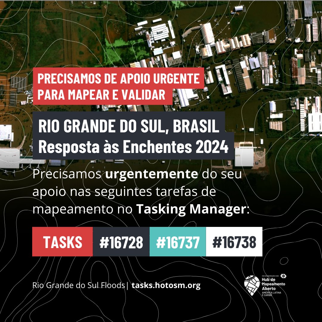 #Ativação 🚨 | Continuamos mapeando o Rio Grande do Sul, #Brasil! 🇧🇷

Comunidade #OSM, precisamos do seu apoio para completar as tarefas e validar os projetos. Sua contribuição é vital para coletar dados e planejar respostas a este desastre. → bit.ly/TM-BRRS