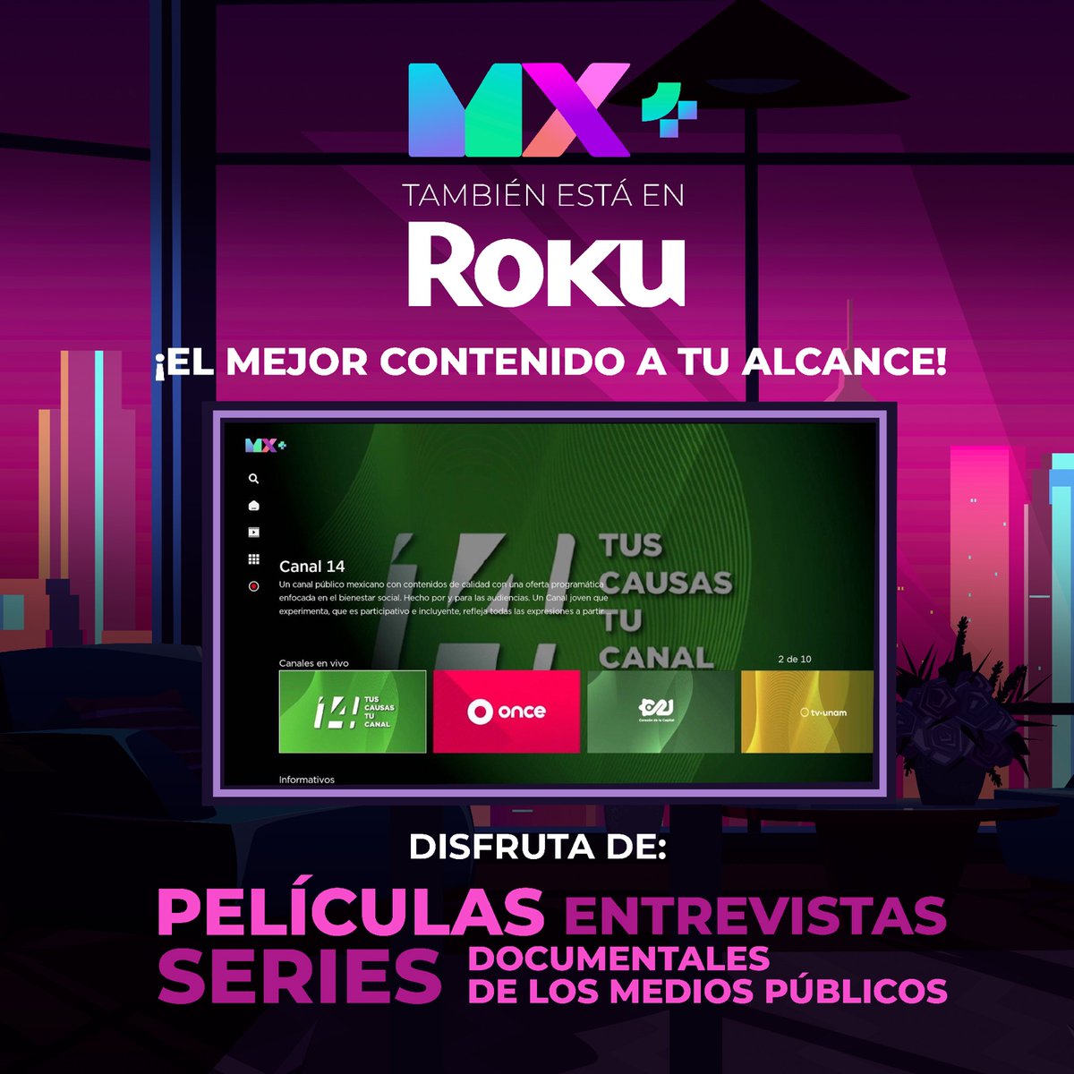🎬 Renueva tu lista de series y películas con #MxPlus en #Roku. Sumérgete en el mejor contenido de los #MediosPúblicos, ¡y sin gastar un peso! 🚀 ¡Regístrate ahora mismo para empezar tu maratón! 🍿👀 mxplus.tv