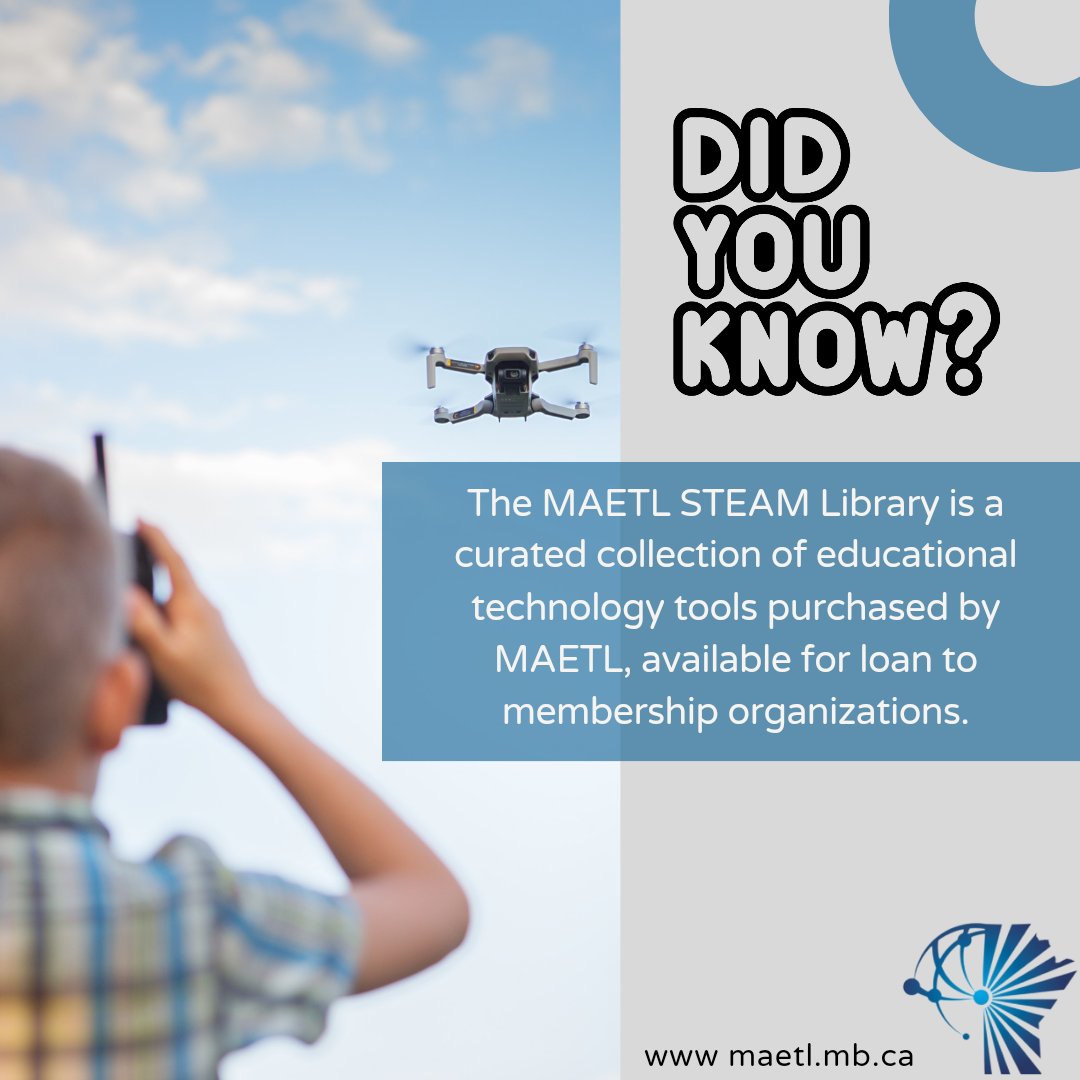 We're working to increase technology access in MB! Our STEAM Library offers: - free shipping to the recipient - access to the tool, secure storage, and any associated accessories - digital tutorial supports - discounts with @LOGICSAcademy Learn more at maetl.mb.ca