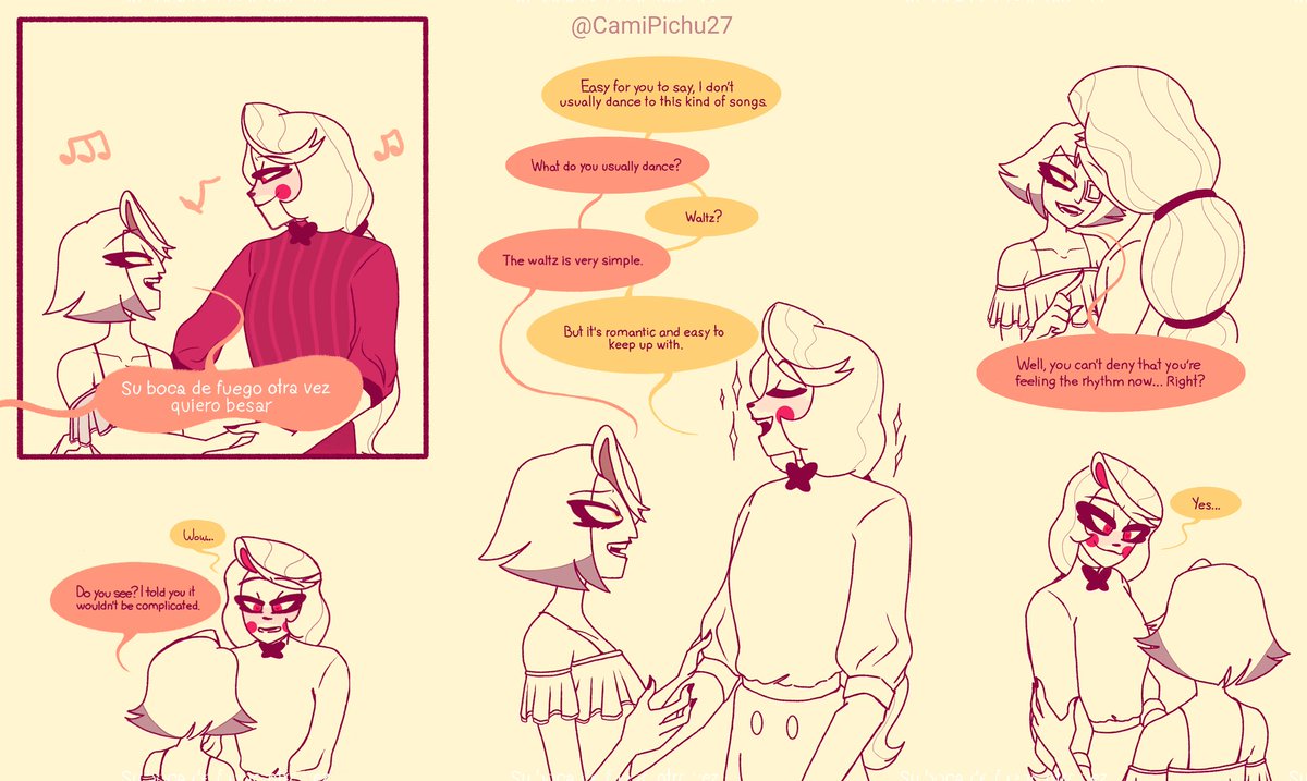 CamiPichu27's tweet photo. Vaggie teaching Charlie how to dance "Por una Cabeza", they are dancing tango.

In case you're wondering, Vaggie is singing in Spanish, that's why I didn't translate it x) 

#HazbinHotelFanart #chaggie https://t.co/ttoiSMQZe5