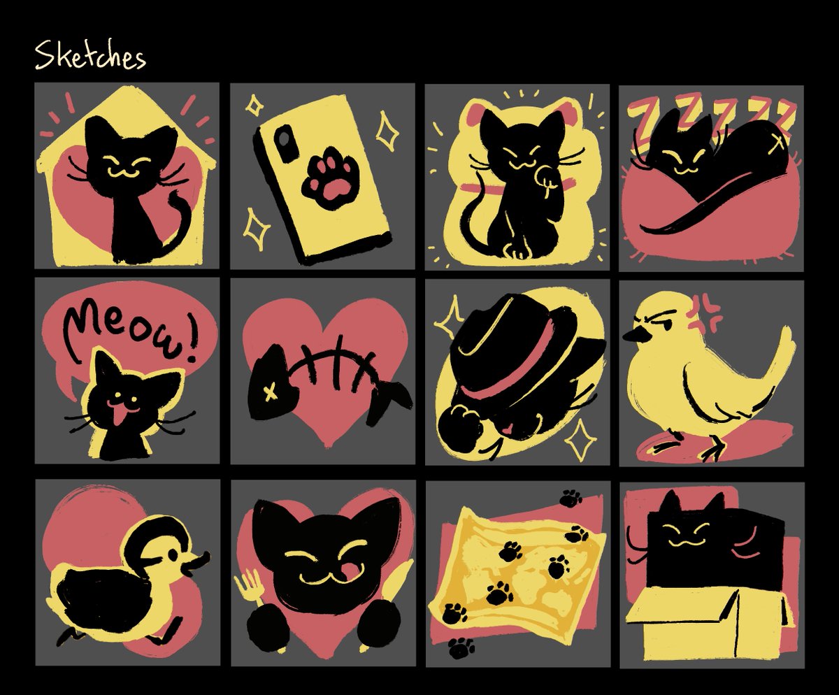 Ideas on what the achievement badges could look like, plus some sketches. We landed on the vignettes variant. It is important to me that you see Box-shaped Kitty. The final beautiful designs you see are by @citruslucy 🏆 Make sure to 100% the game so you can see all of them!