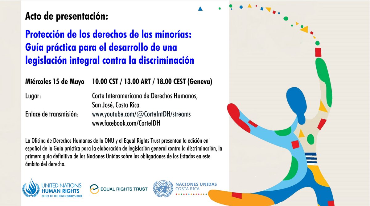 El miércoles 15 de mayo lanzaremos la edición en español de la Guía práctica de la ONU para desarrollar una legislación integral contra la discriminación, en colaboración con @UNHumanRights y @CorteIDH. El evento será retransmitido en directo en youtube.com/@CorteIntDH/st….