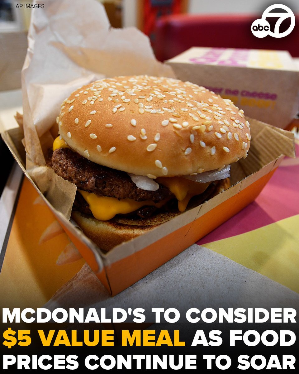 McDonald's could soon be lowering prices and possibly launching a new value meal to its menus. 👀🍔🍟

The Golden Arches currently offer some individual items on its $1, $2, $3 menu, but it may be rolling out with a new value meal for just $5. abc7.la/3UDsDV7