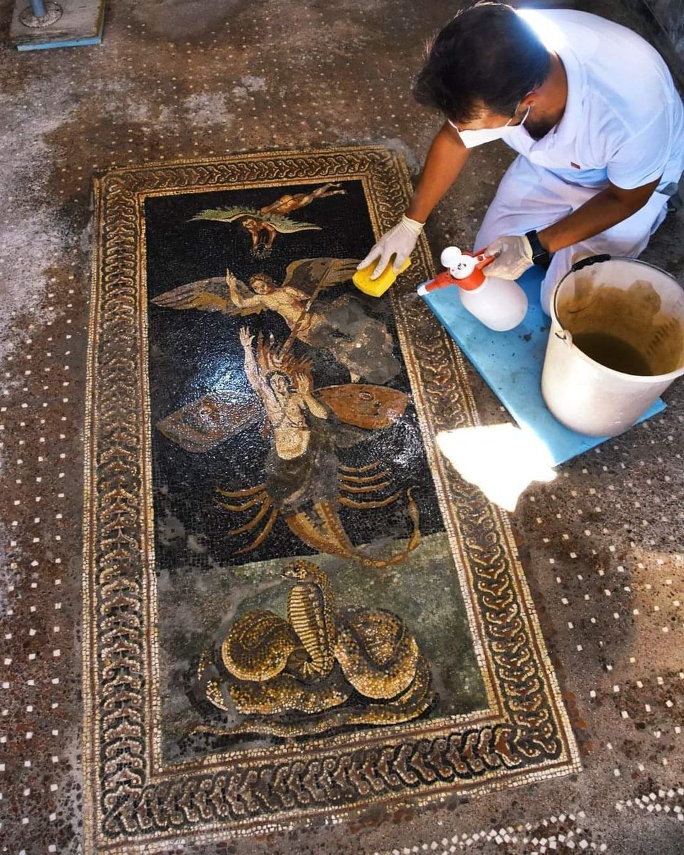 Researchers taking care of extraordinary 'Mosaico di Orione' (Orion Mosaic) from late 2nd-early 1st Century BC; located in “House of the Orion”, Pompeii. “House of Orion” survived with much of its interior preserved. From 12 August 2021, the areas of the new excavations of the…