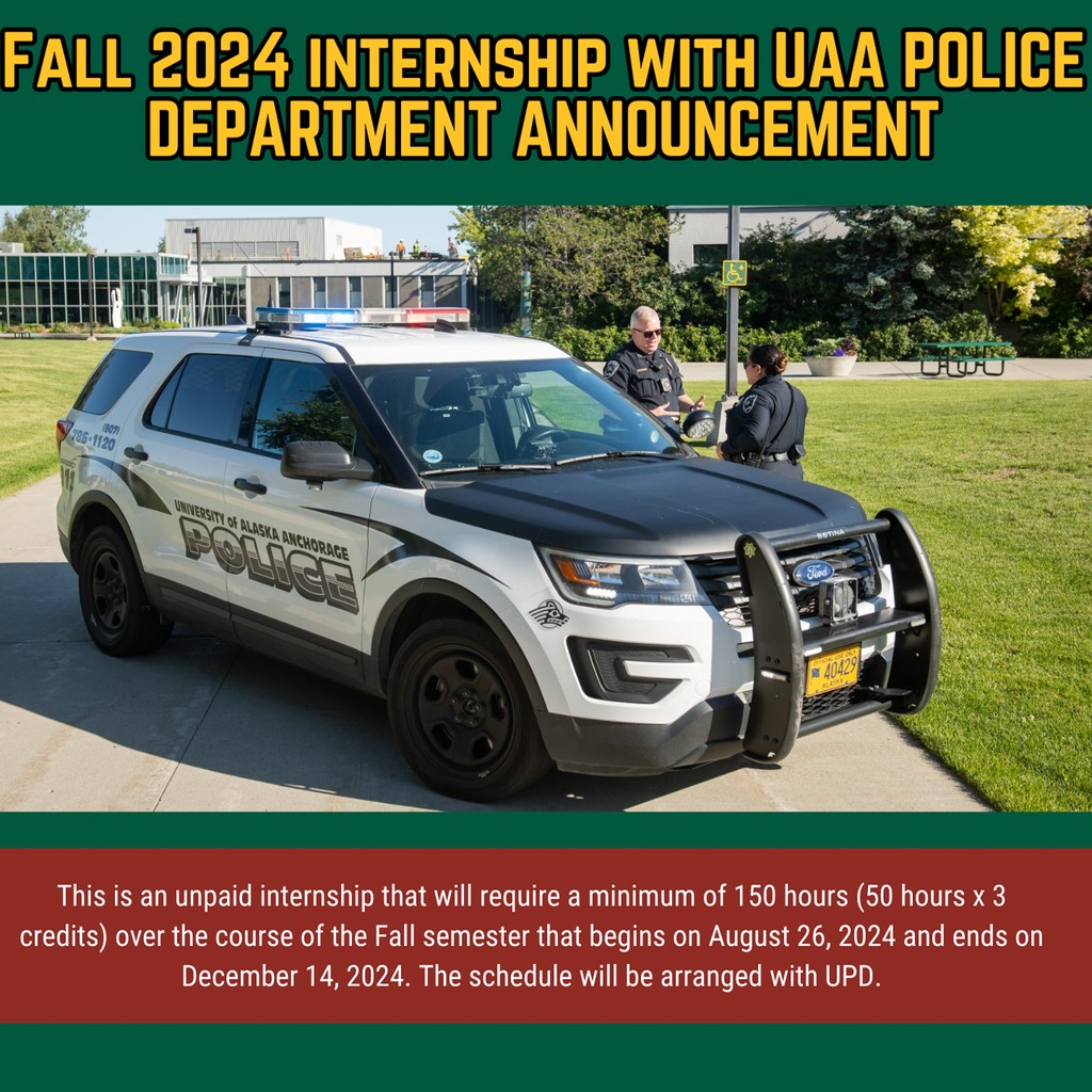 uaajc's tweet photo. Are you an outstanding Junior or Senior in the Justice BA program looking for an internship?

Apply for a Fall 2024 one of TWO internship spots with the UAA Police Department! https://t.co/novNUr0Xjn https://t.co/W1zEas72qm