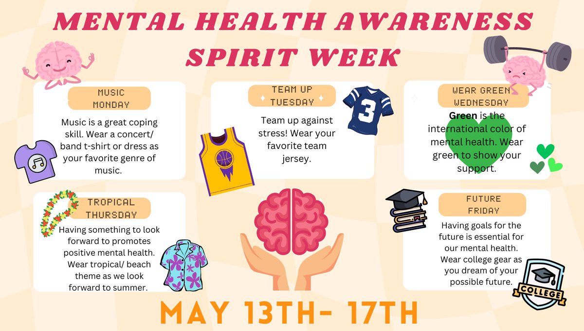 Lakeside_MSLLCS's tweet photo. This week is Mental Health Awareness Spirit Week! Show your school spirit and support of mental health awareness. #LakesideMS #MentalHealthAwarenessWeek

🏈 Team Up Tuesday
💚 Wear Green Wednesday
🌴 Tropical Thursday
💼 Future Friday https://t.co/tq7B9r8Xl0