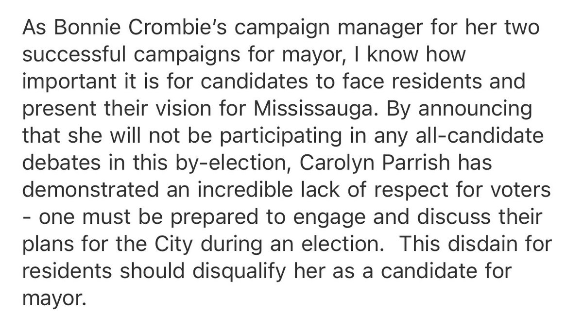 NEW: Alvin Tedjo’s campaign chair, Darryn McArthur, says Carolyn Parrish’s decision to skip all candidates’ debates is a show of “disdain for residents” that “should disqualify her as a candidate for mayor.” McArthur was twice Bonnie Crombie’s mayoral campaign director.