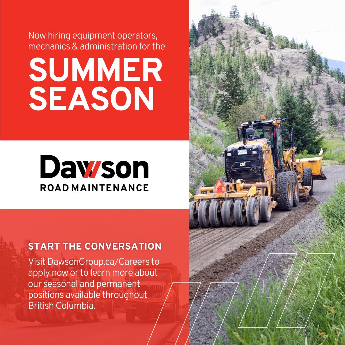 Construction season is right around the corner, and Dawson Road Maintenance is now hiring equipment operators, mechanics, and various administration/management roles. Visit DawsonGroup.ca/Careers to apply now. #DawsonCareers #CareerPlanning #WorkBC #BCjobs #Hiring #BC