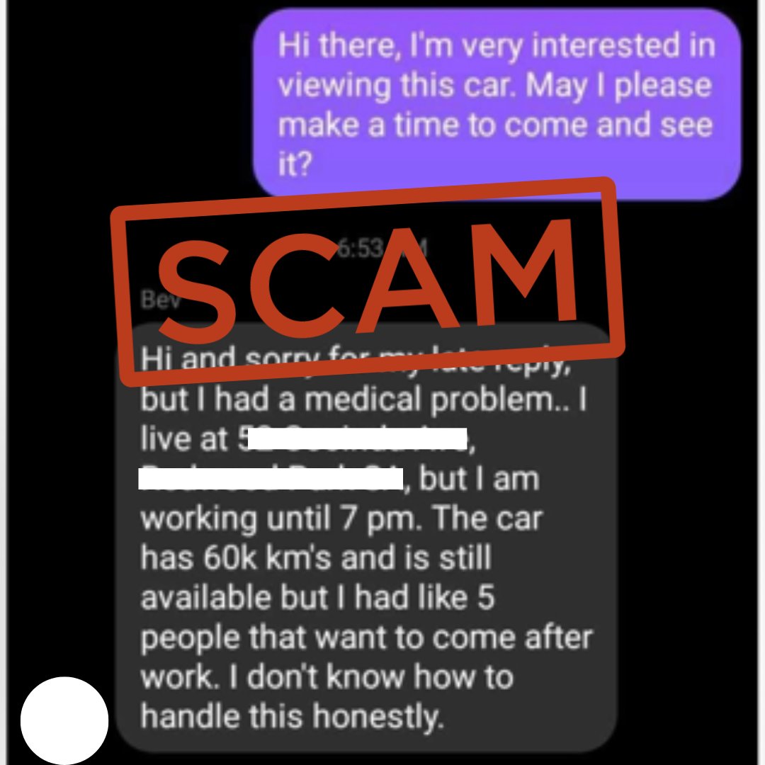 Scammers are using social media marketplaces to post fake car ads and steal deposit payments. They create a sense of urgency by saying there’s a lot of interest in the car to pressure you to transfer a deposit to lock-in an inspection time.