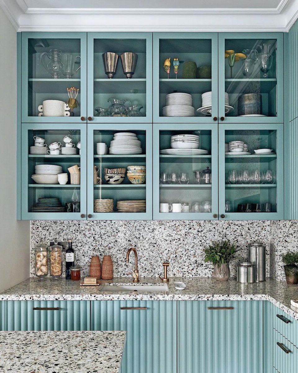 Blues & greens can instill a feeling of calm & tranquility, both increasingly popular colors to reconnect with nature & schemes that promote positivity. Kitchen & Bath Remodeler#dogoodwork #kitchendesign #hgtv #kitchen #bathroom #homeimprovement #home #remodeling #remodel