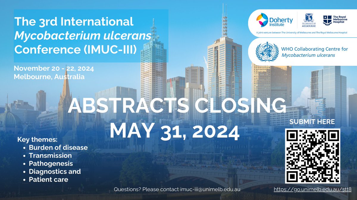 Are you a researcher/clinician working on Buruli ulcer? Submit an abstract for 3rd International Mycobacterium ulcerans Conference (IMUC-III) by 31 May 👉 go.unimelb.edu.au/stt8 @UniMelbMDHS @TheRMH