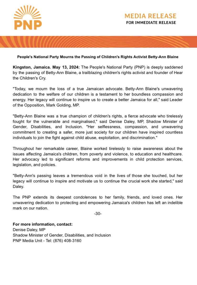 The People's National Party (PNP) is deeply saddened by the passing of Betty-Ann Blaine, a trailblazing children's rights activist and founder of Hear the Children's Cry.