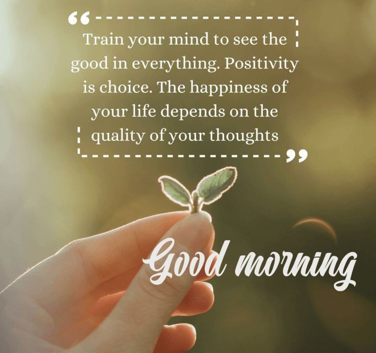 '------------+++++---------------
Train your mind to see the good in everything. Positivity is choice.      
The happiness of your life depends on the quality of the your thoughts.
------------+++++---------------'
#GoodMorning