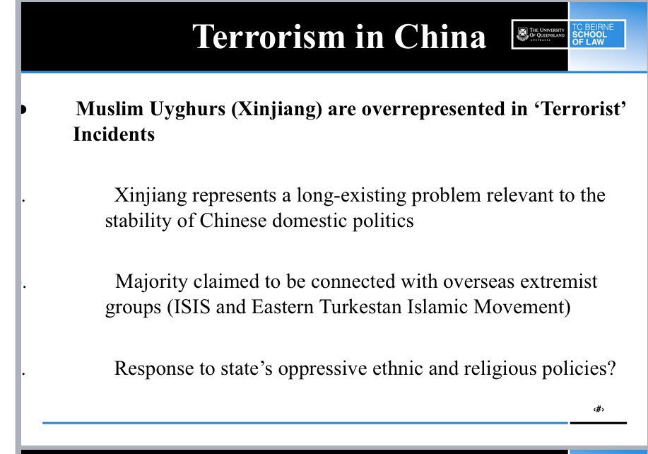 The Chinese government funded a course at the University of Queensland that attempted to justify the Chinese government’s genocidal crackdown on Uyghurs: “Muslim Uyghurs are overrepresented in ‘Terrorist’ incidents.” 

We didn’t see any protest camps take place. Funny that