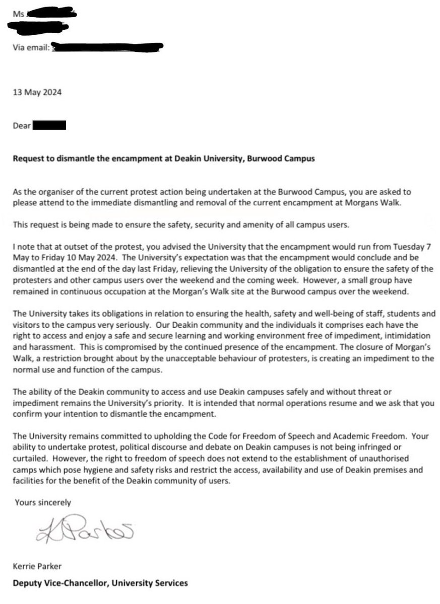 #BREAKING @Deakin orders the immediate dismantling and removal of the pro-Palestinian encampment at its Burwood campus in Melbourne. “The request is being made to ensure the safety, security and amenity of all campus users.” This is leadership. Labor and all universities