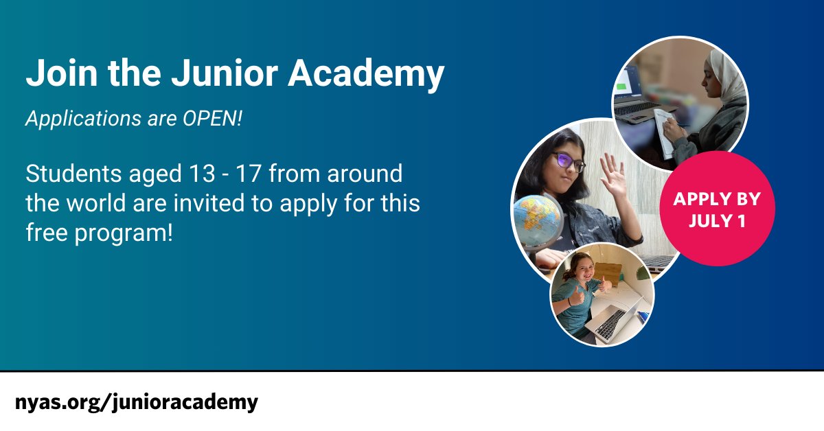 The Junior Academy fall 2024 semester applications are OPEN! 🙌 This is a unique opportunity for students aged 13-17 who are passionate about #STEM to work on set challenges, collaborate globally, and solve real-life issues. Apply by July 1: bit.nyas.org/3ybFI0e