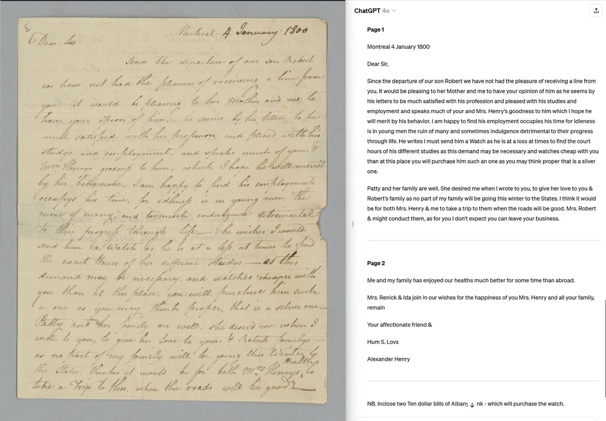 GPT-4o is truly remarkable on 18th handwriting. I gave it the following letter and asked it for a transcription. A couple of very minor errors…amazing!