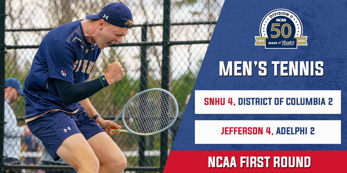 𝐒𝐔𝐑𝐕𝐈𝐕𝐄 𝐀𝐍𝐃 𝐀𝐃𝐕𝐀𝐍𝐂𝐄 🎾

@snhupenmen beat UDC in the first round of @NCAADII East Regional #1 and will face top-seeded Queens (NY) on Tuesday! 

#NE10EMBRACE #NCAAD2 #D2MTEN