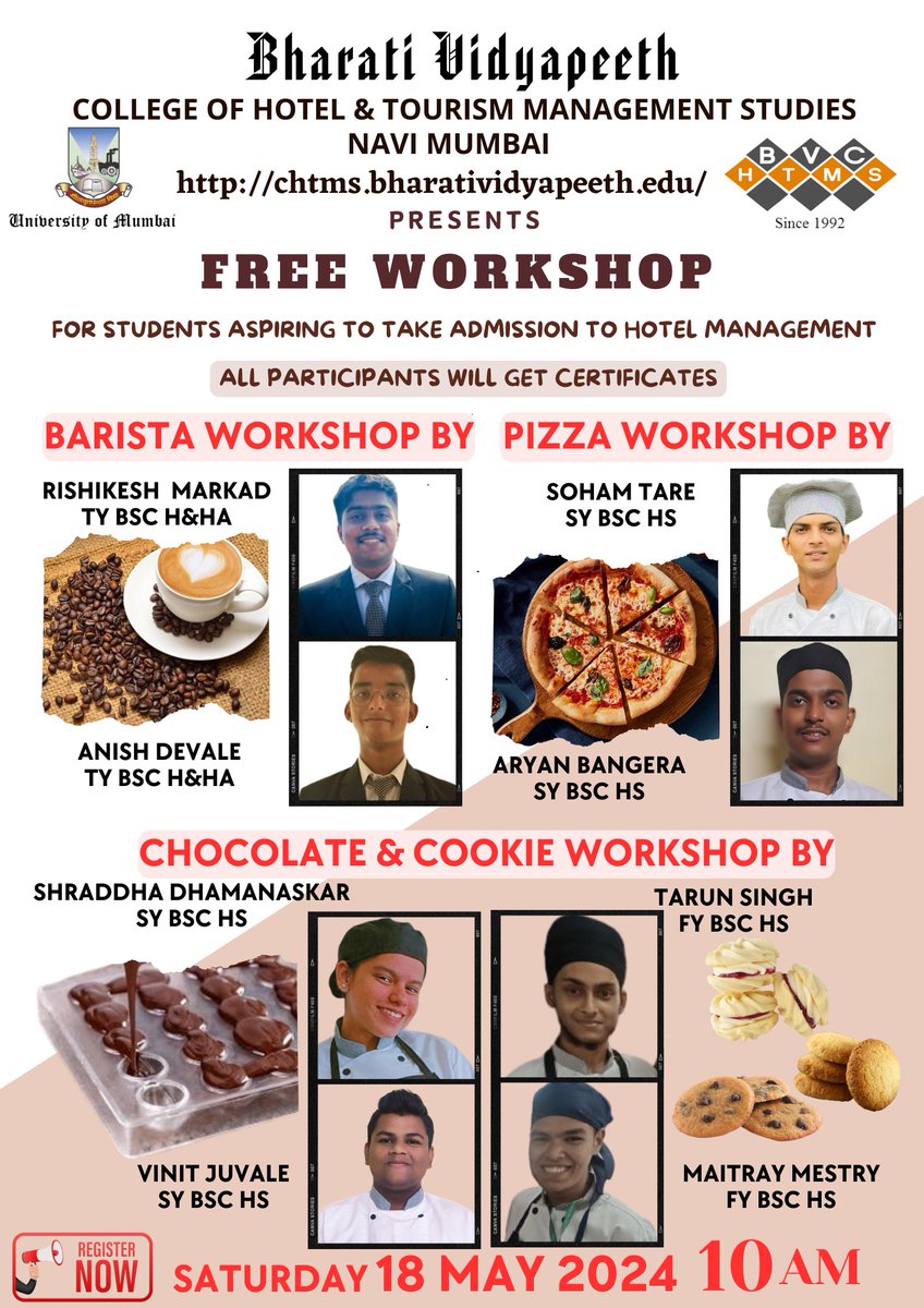 *FREE Workshop on Barista, Pizza, Chocolate and Cookies conducted for Students aspiring to join the Hospitality Industry* *Date - Saturday, 18 May 2024* *Participants will be awarded certificates* *Kindly Register for the Workshop using the link below* forms.gle/Ftw8w36Y3nDikf…